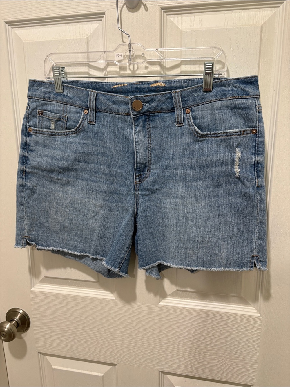 Seven7 Mid-Rise Light Blue Denim Jean Shorts with Frayed Hem